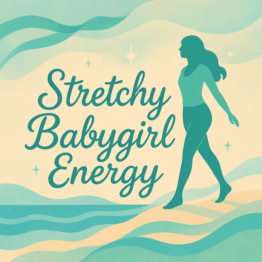 A stylized illustration featuring a silhouette of a woman walking with the text 'Stretchy Babygirl Energy' in a soft, pastel color scheme.