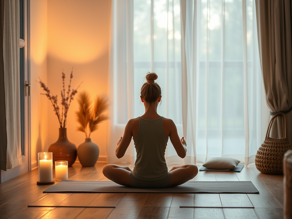 A person practicing yoga or meditation on a mat in a serene, well-lit room with candles and plants in the background.