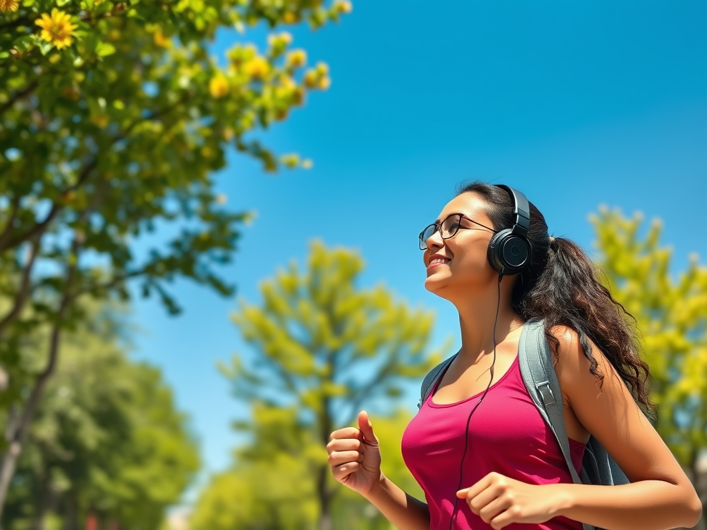 A woman wearing headphones and a pink tank top, smiling while jogging in a sunlit park with green trees and a blue sky.