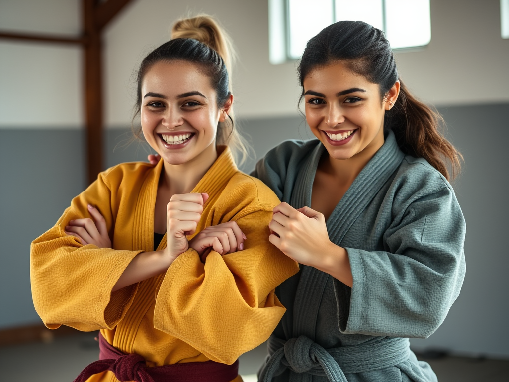 Two women smiling in martial arts uniforms, one in a yellow gi and the other in a grey gi, standing close together in a training studio.