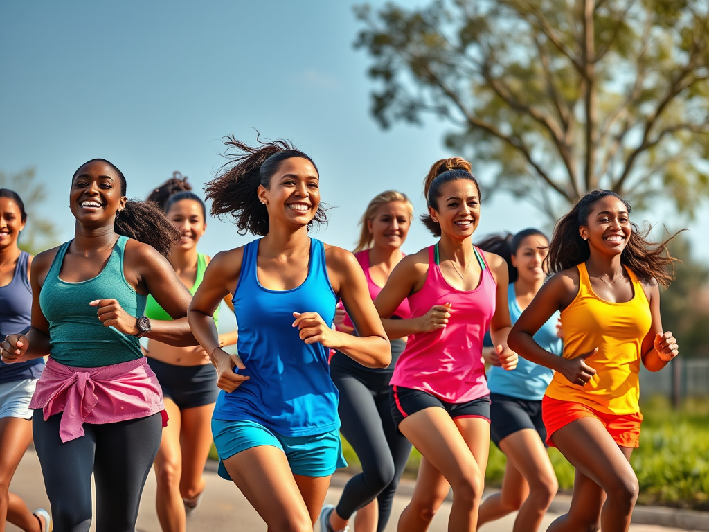 A diverse group of women running together outdoors, smiling and enjoying their exercise in colorful athletic clothing against a clear blue sky.
