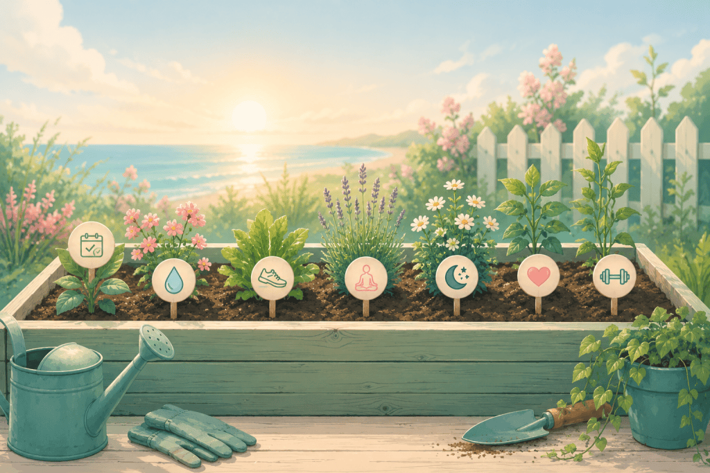 A garden box filled with various plants, each labeled with icons representing wellness activities like scheduling, hydration, exercise, meditation, sleep, love, and weightlifting, with a scenic ocean view and sunset in the background.