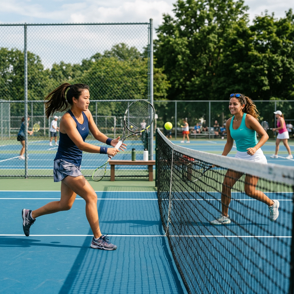 Two women playing doubles tennis near the net on an outdoor court with trees in the background