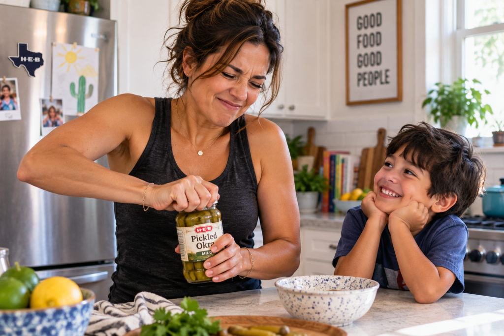 A woman opening a jar of pickled okra while a smiling boy watches her in a bright kitchen, surrounded by fresh vegetables and cooking ingredients.