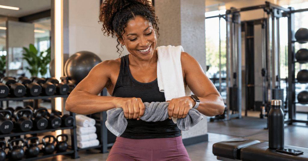 A woman in a gym, smiling as she wrings out a towel after a workout. She is wearing a black tank top and pink workout leggings, with a water bottle beside her and weights in the background.